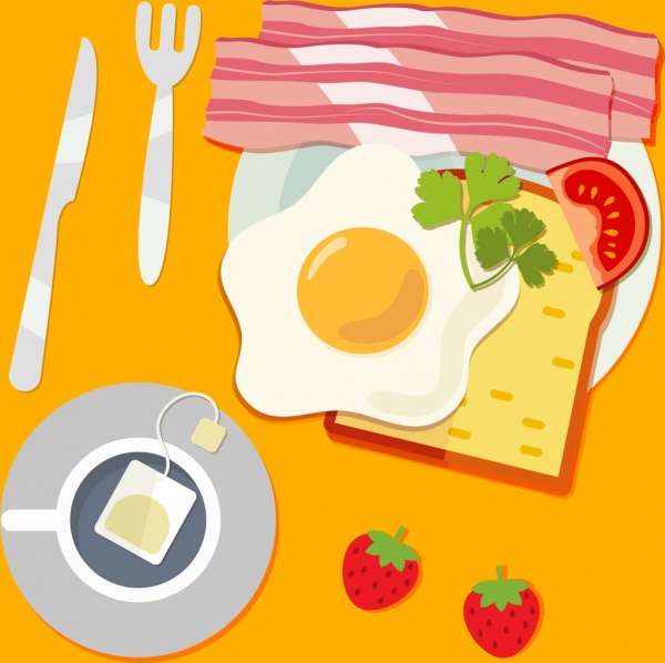 delicious breakfast drawing fried egg tea fruit icons