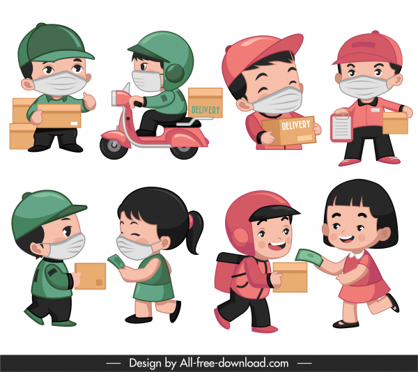 delivery job icons cartoon characters sketch
