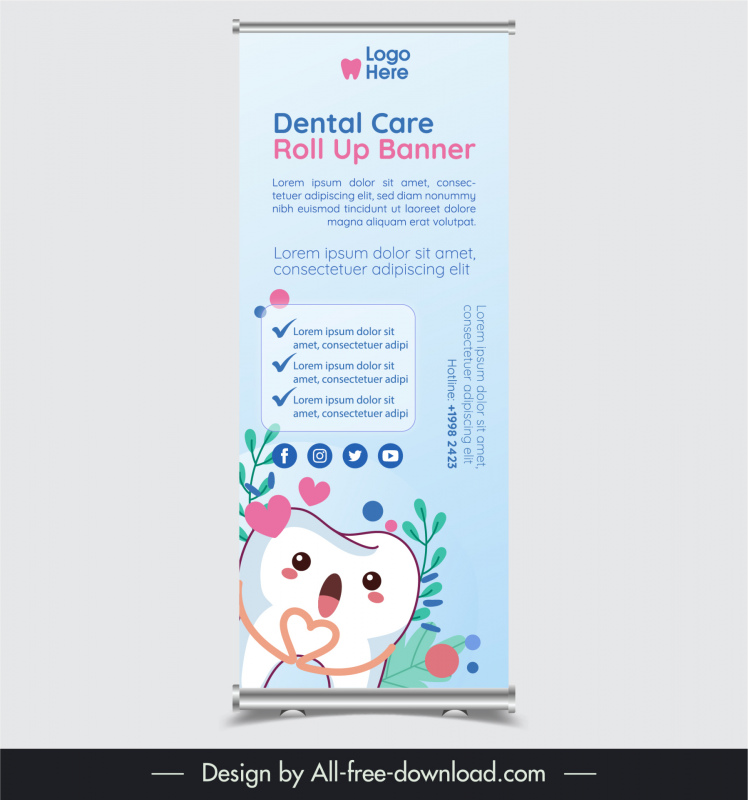 dental roll up banner template cute stylized tooth leaves hearts