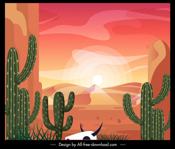 desert landscape painting cacti sunlight dune sketch