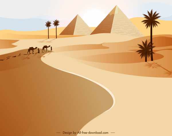 desert scenery painting pyramid camel pedestrian sketch