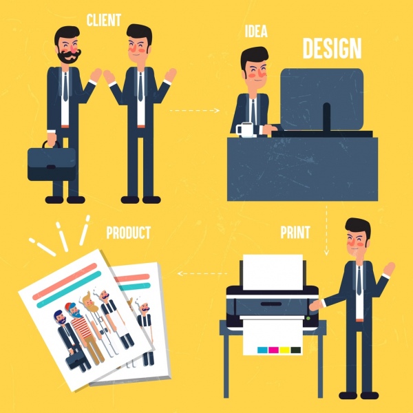 designer work concept infographic men printer icons
