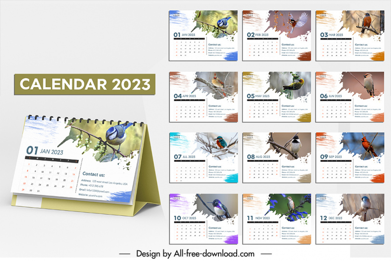 desk calendar  2023 templates classical elegant birds species decor