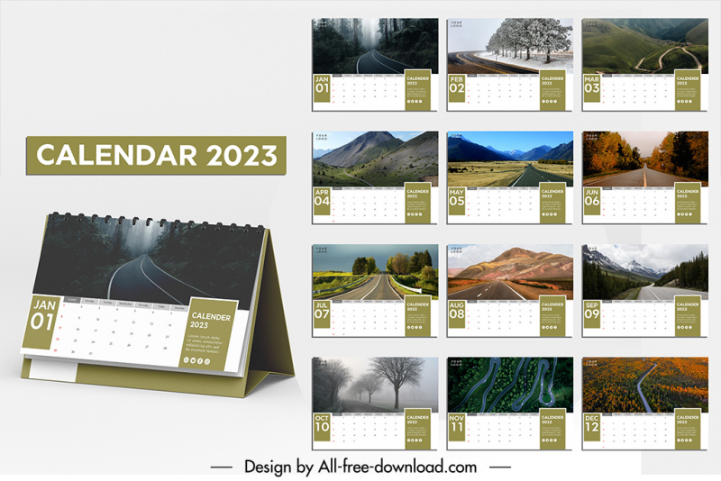 desk calendar 2023 templates majestic natural road scenes sketch modern realistic design  