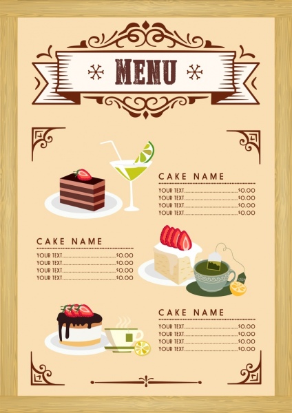 dessert menu template cake beverages icons classical design