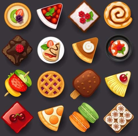 dessert with cakes icons set
