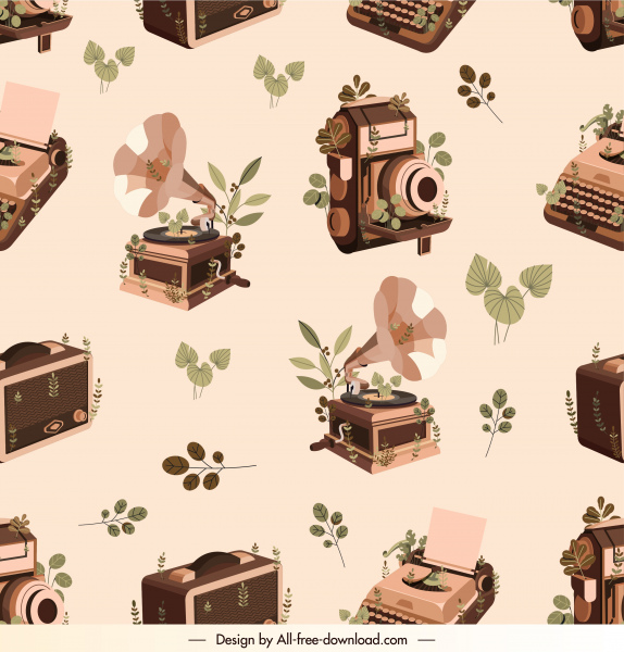 devices pattern repeating retro camera typewriter music players