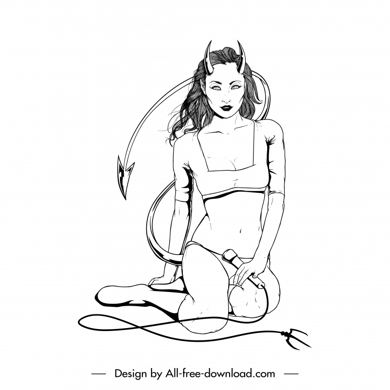 devil girl icon black white handdrawn cartoon sketch