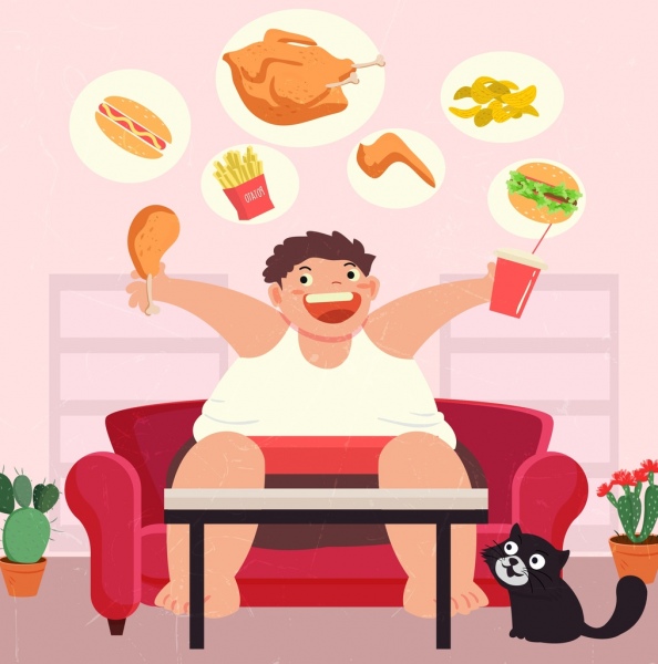 diet background fat man fast food icons