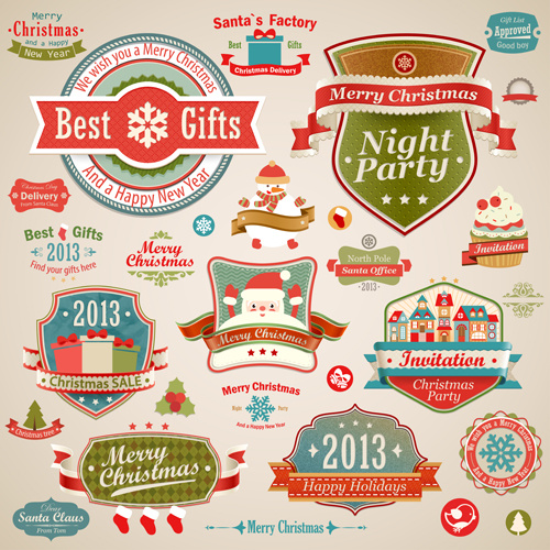 different christmas decorative ornaments and labels vector