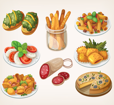 different gourmet food shiny vector