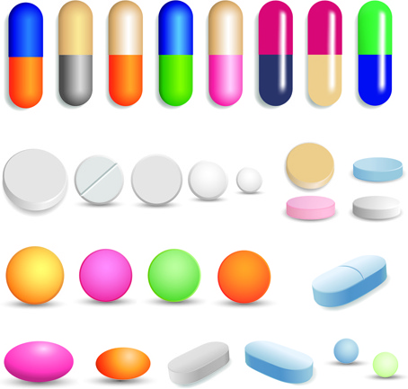 different tablets and capsules design vector