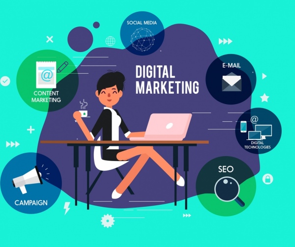 digital marketing banner businesswoman business interface icons