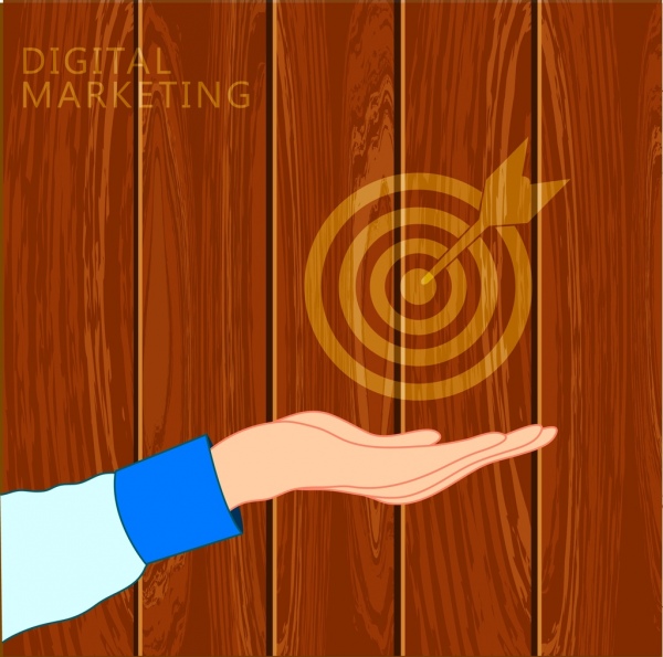 digital marketing concept wooden backdrop hand target icons