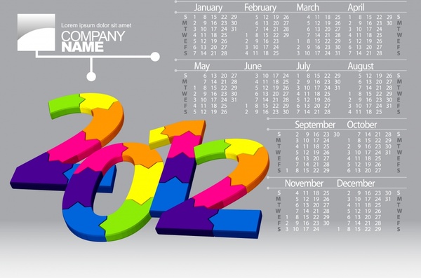 2012 calendar template colorful puzzle pieces number