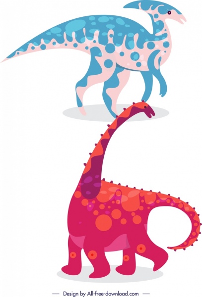 dinosaur icons long neck animals blue pink design