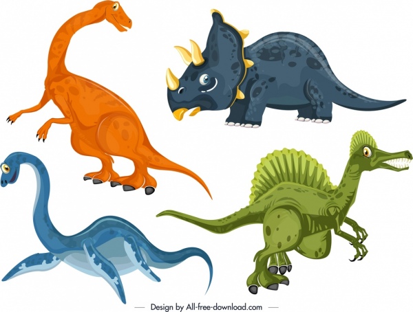 dinosaurs icons colored cartoon character design