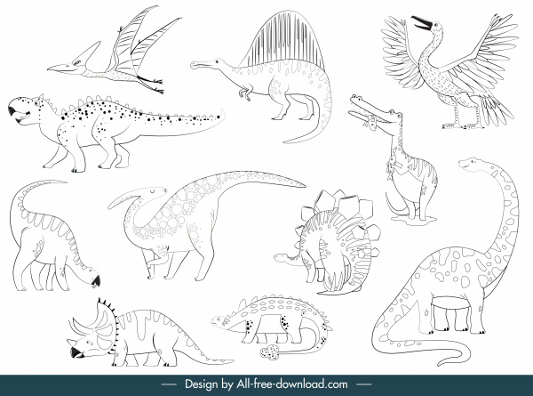 dinosaurs species icons black white handdrawn sketch