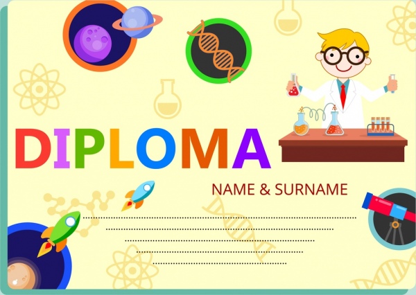diploma template colorful decoration kids education icons