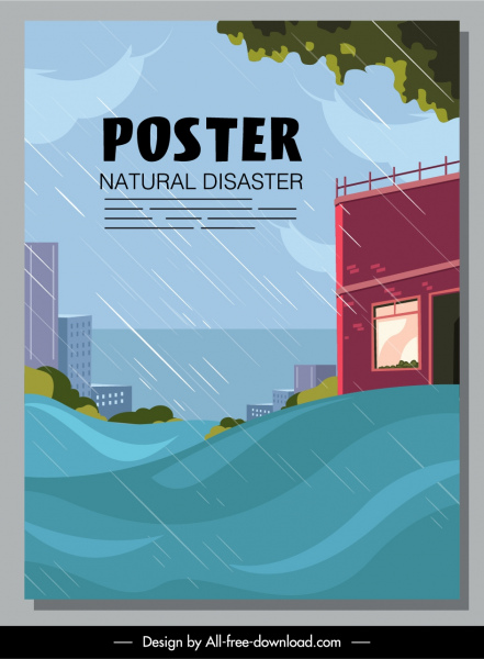 disaster poster tsunami rain sketch cartoon design 