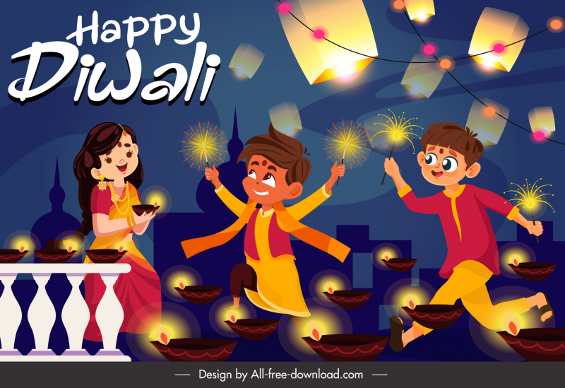 diwali festival poster joyful people glowing lights sketch