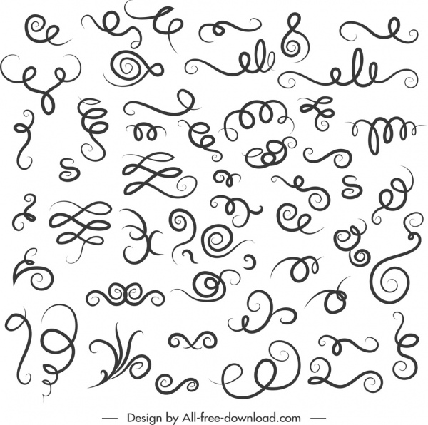 document decorative elements collection twisted curves sketch