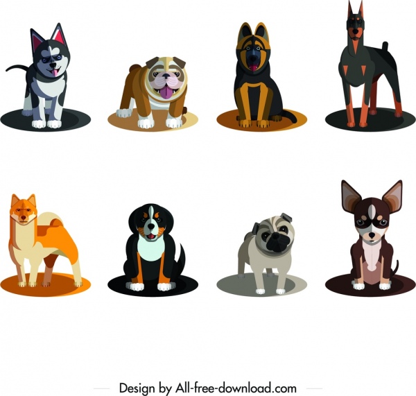 dog species icons colored cartoon sketch