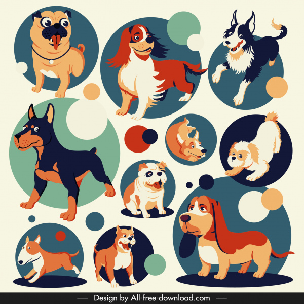 dog species icons cute cartoon design