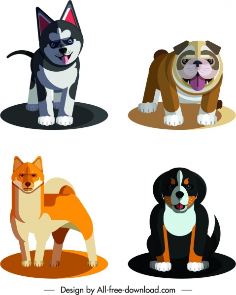 dog species icons cute colored cartoon sketch