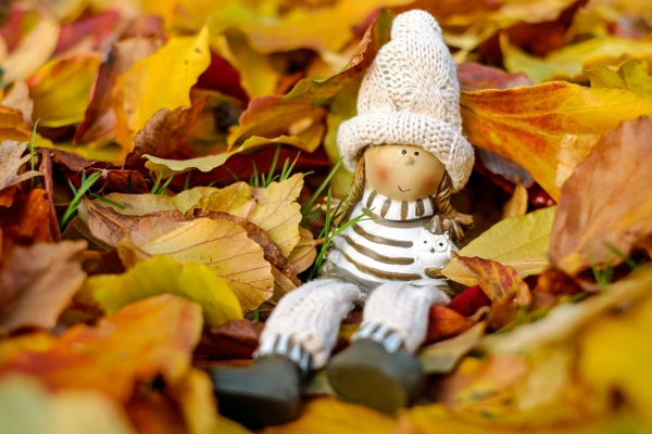 closeup of cute girl doll on yellow leaves