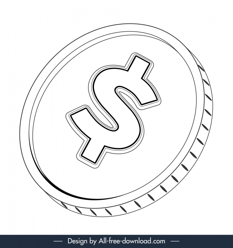 dollar coin sign icon black white 3d circle shape outline 