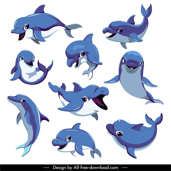 dolphin icons funny cartoon design motion sketch