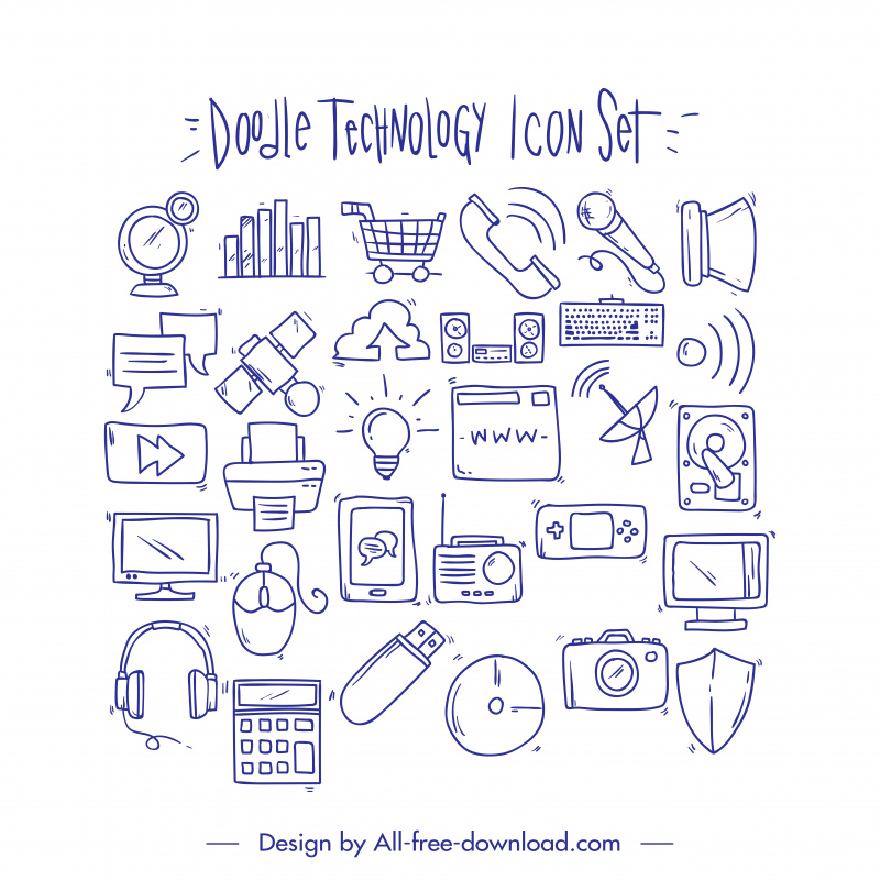 doodle technology icon sets flat handdrawn classic symbols outline 