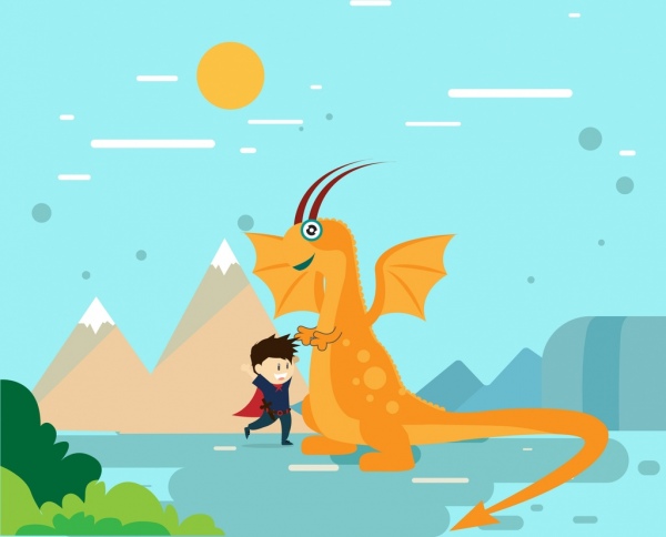 dragon and hero background colored cartoon style