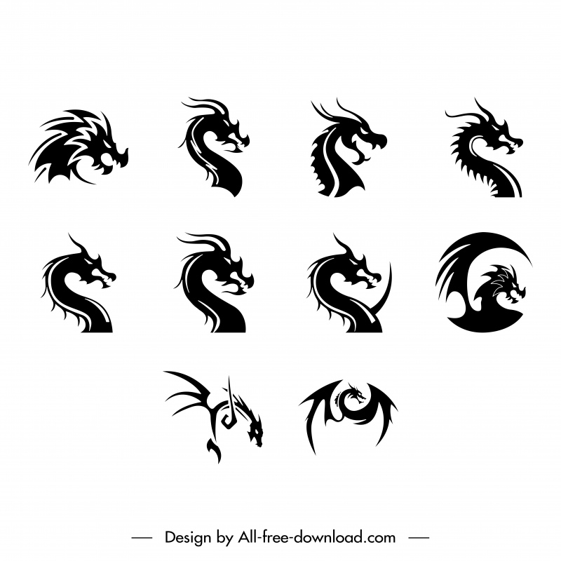 dragon icons sets flat black silhouette sketch