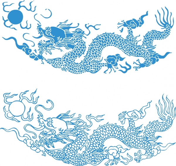 asian dragon painting classical blue sketch