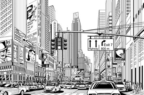 drawing city buildings and scenery vector 