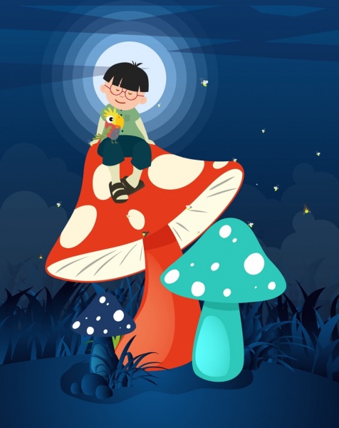 dream background boy giant mushroom moonlight icons decor
