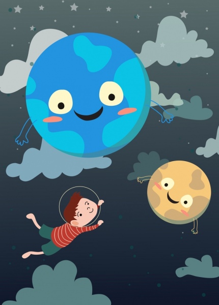 dream background flying kid stylized planets icons