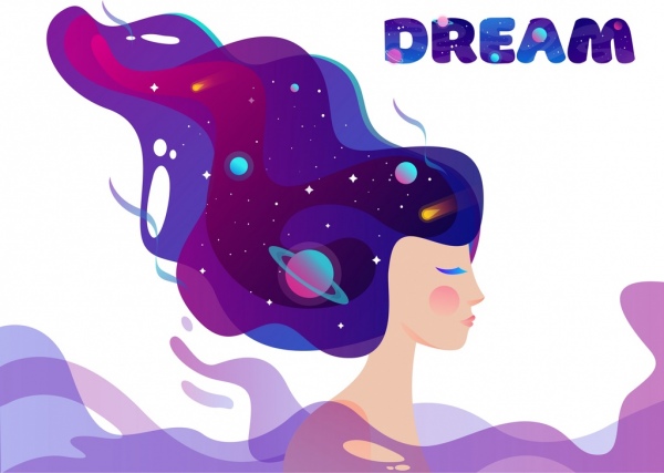dream background girl hair planets universe icons sketch