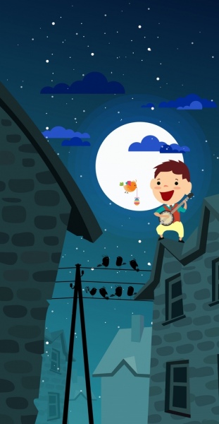dream background joyful kid birds moonlight icons
