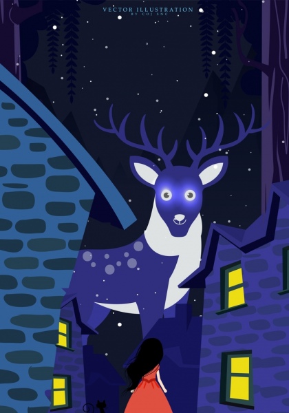 dreaming background big reindeer girl icon violet design