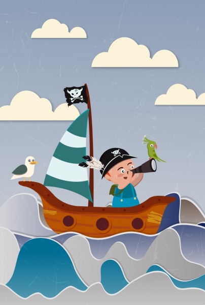dreaming background cute kid sea sailboat icons
