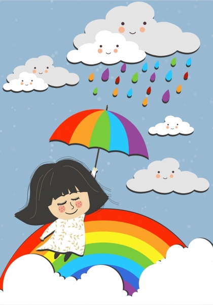 dreaming background flying girl stylized clouds colorful rainbow