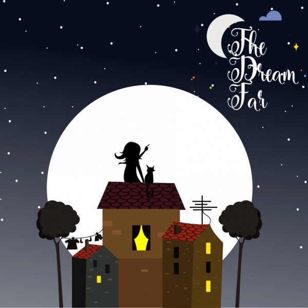 dreaming background moonlight girl cat icons cartoon design