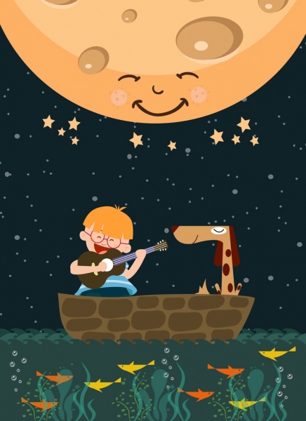 dreaming background playful boy marine moon icons ornament
