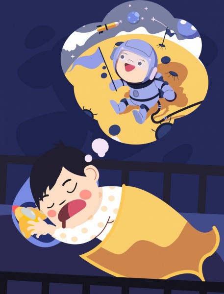 dreaming background sleeping kid astronaut icons cartoon characters