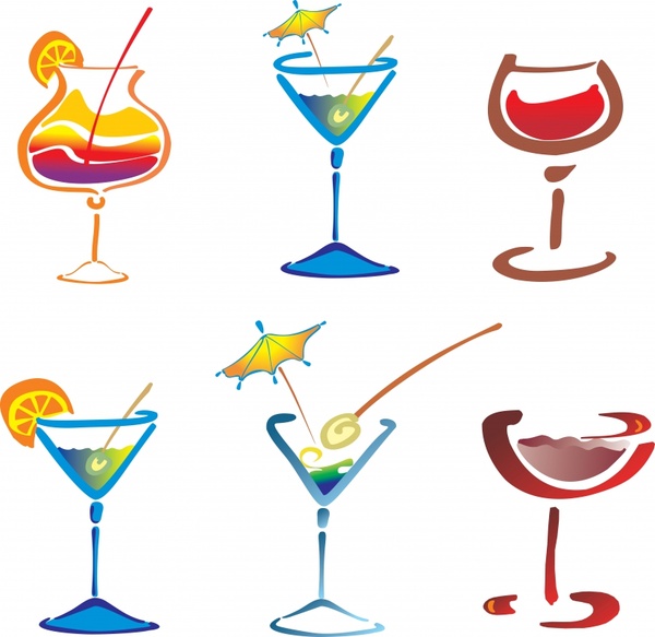 cocktail glass icons colorful flat handdrawn sketch