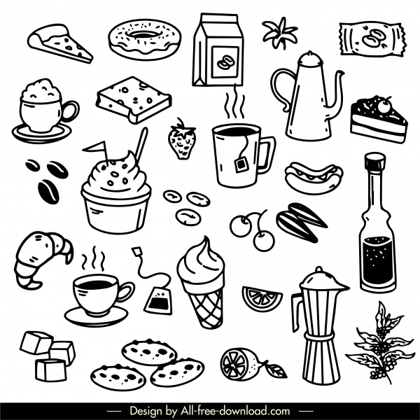drinks foods icons black white handdrawn sketch 