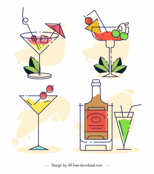 drinks icons cocktail wine sketch flat handdrawn